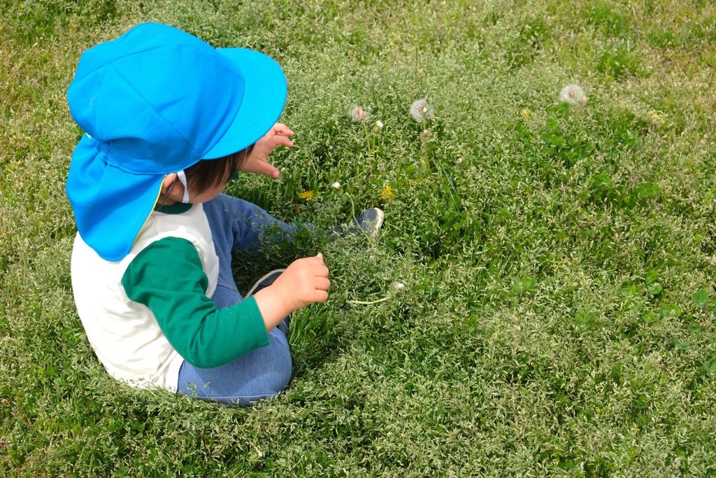 芝生に座って遊ぶ幼児